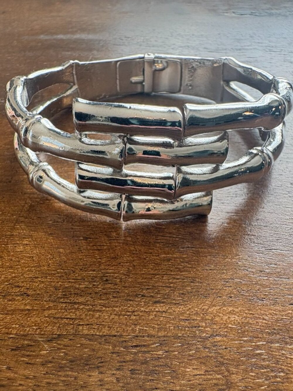 Vintage Crown Trifari Silver Stacked Bamboo Hinged Clamper Bracelet 1960s